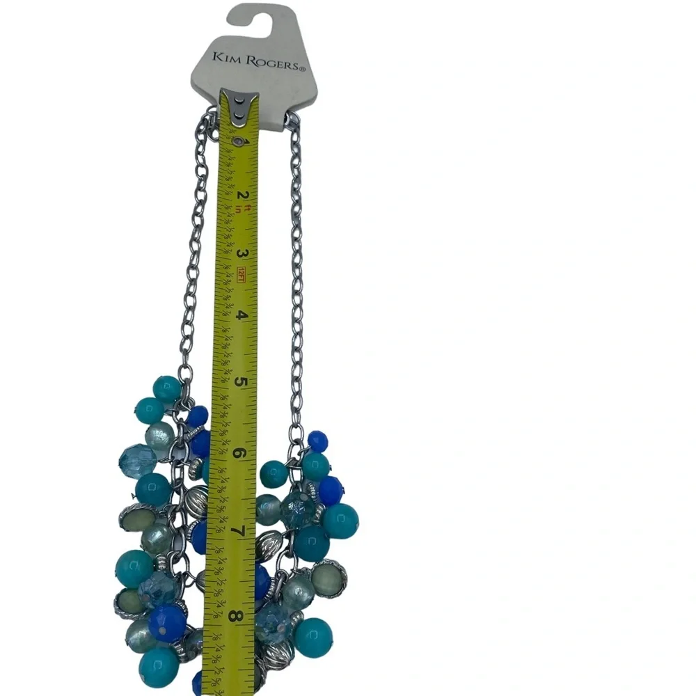 Kim Rogers NWT Aqua blue beaded bib cluster collar necklace silver tone chain